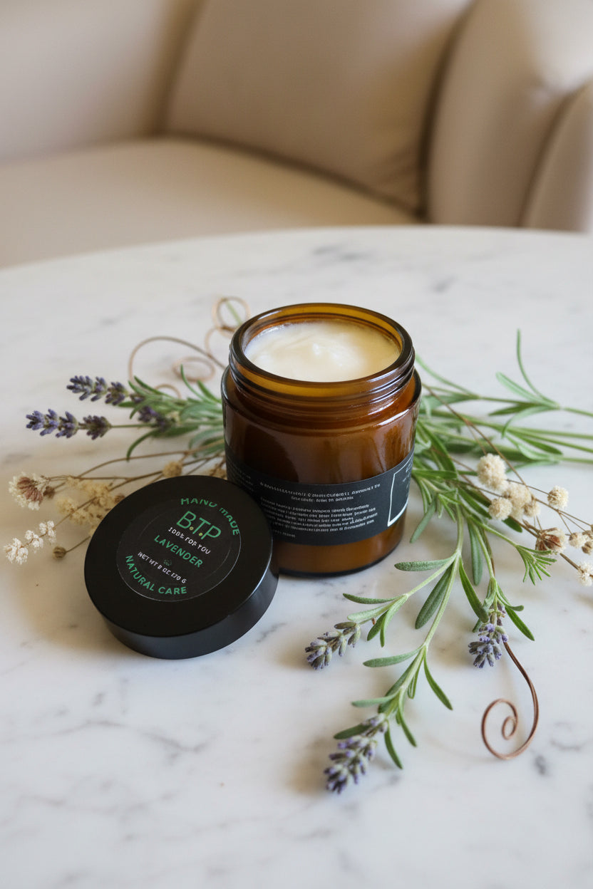 Jar of cream with a white lid on a marble surface