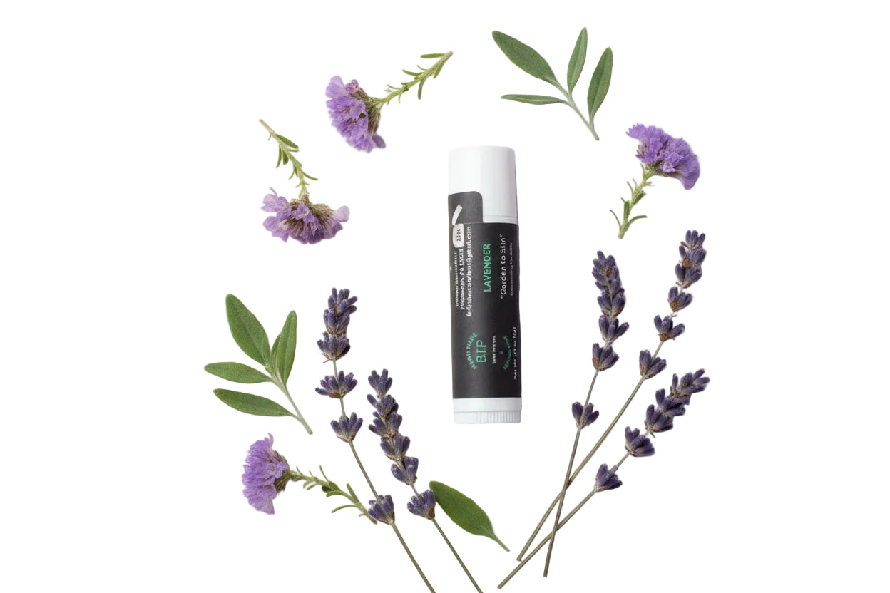 BTP Lavender Lip Balm on duo background with fresh Lavender and Purple flowers.