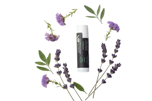 BTP Lavender Lip Balm on duo background with fresh Lavender and Purple flowers.