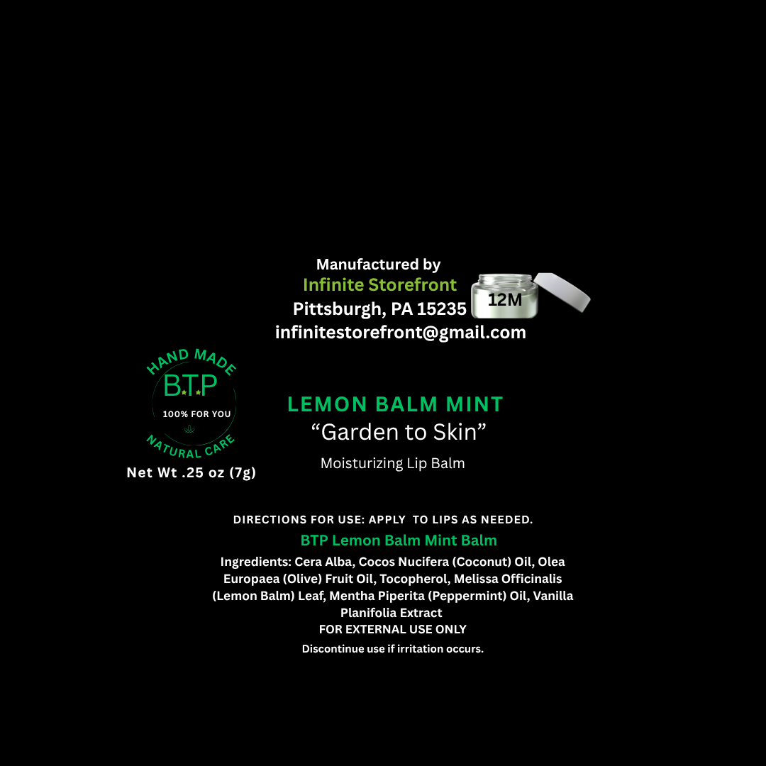 Lemon Balm Mint lip balm packaging with branding and contact information on a black background