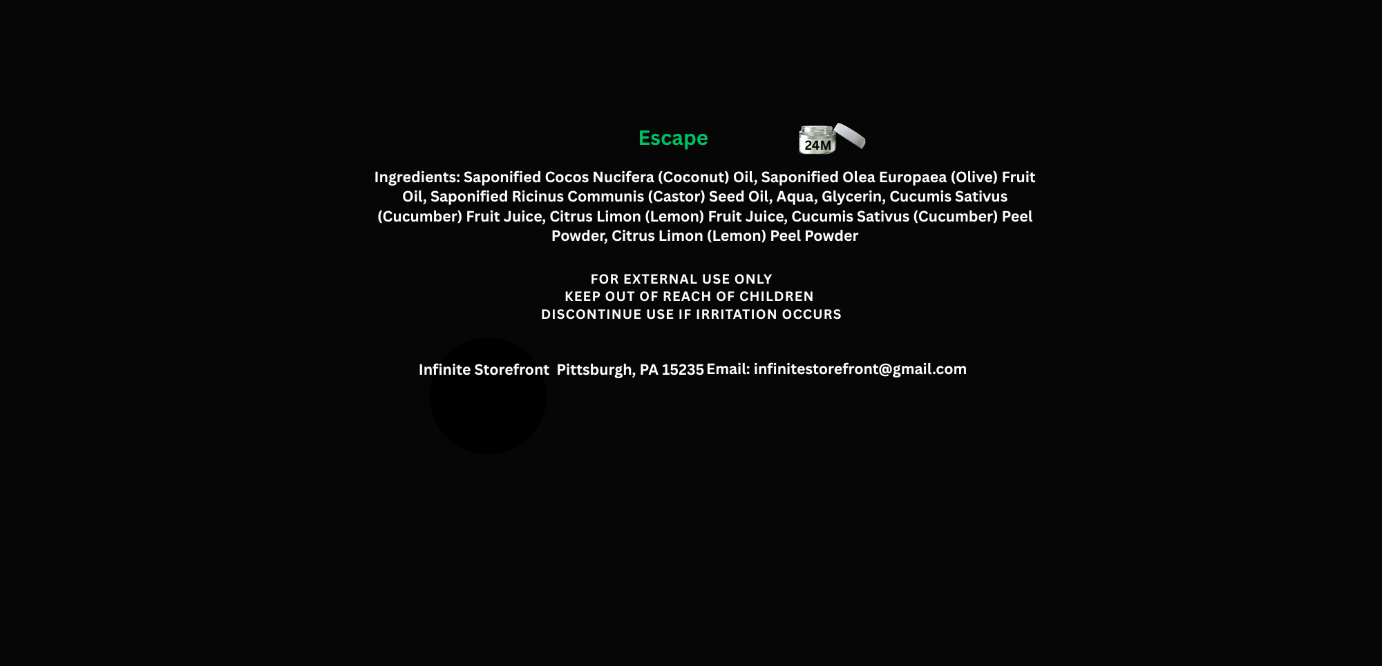 Product label with text on a black background