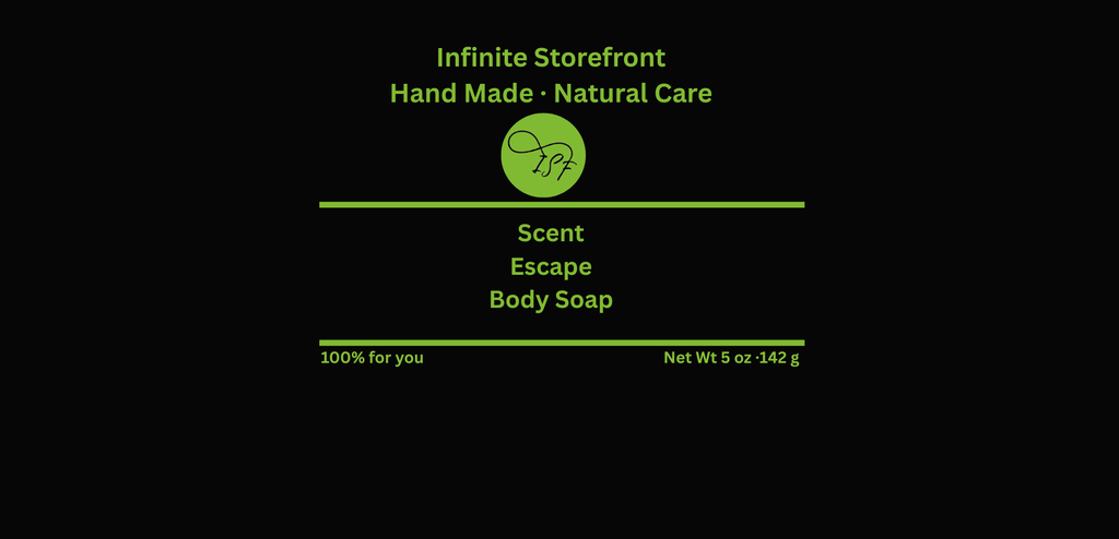 Infinite Storefront hand-made natural care product label on a black background