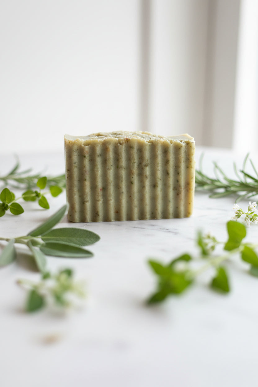 Wrinkled green bar of soap on a white surface