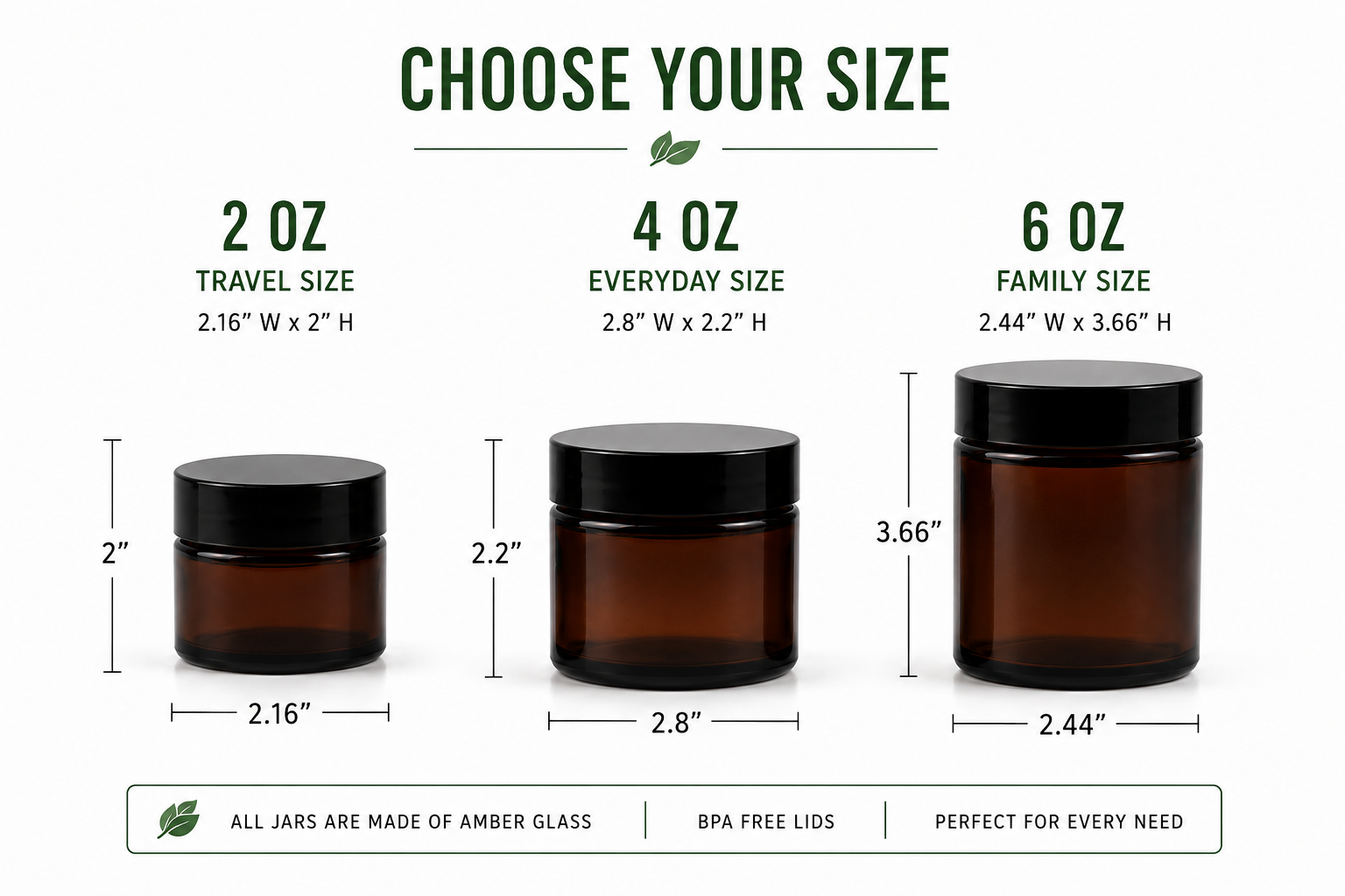 Amber glass jars with black lids in three sizes on a white background
