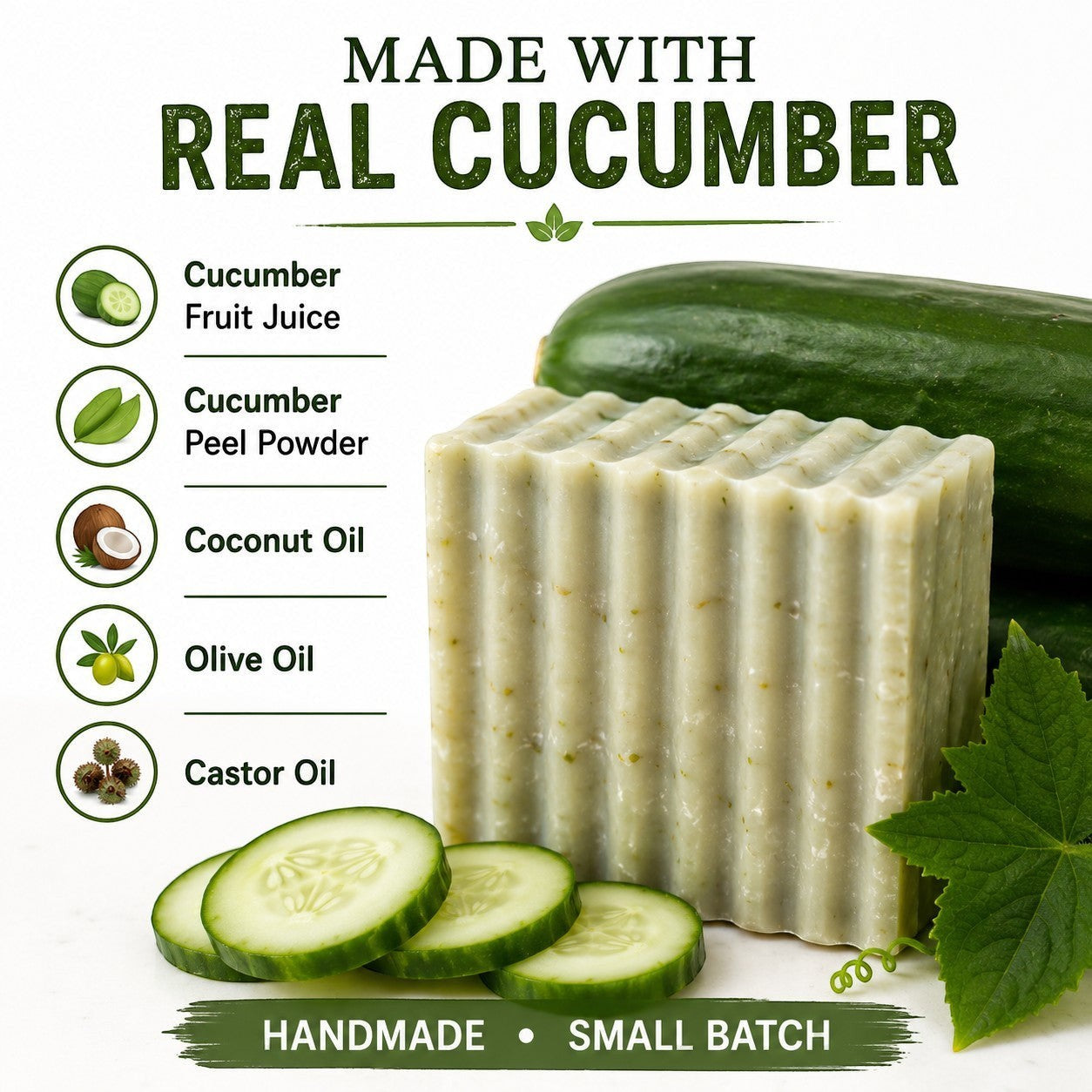 Infinite Storefront Cucumber Bliss handmade body soap bar with fresh cucumber slices and leaves, highlighting plant based ingredients and small batch craftsmanship.