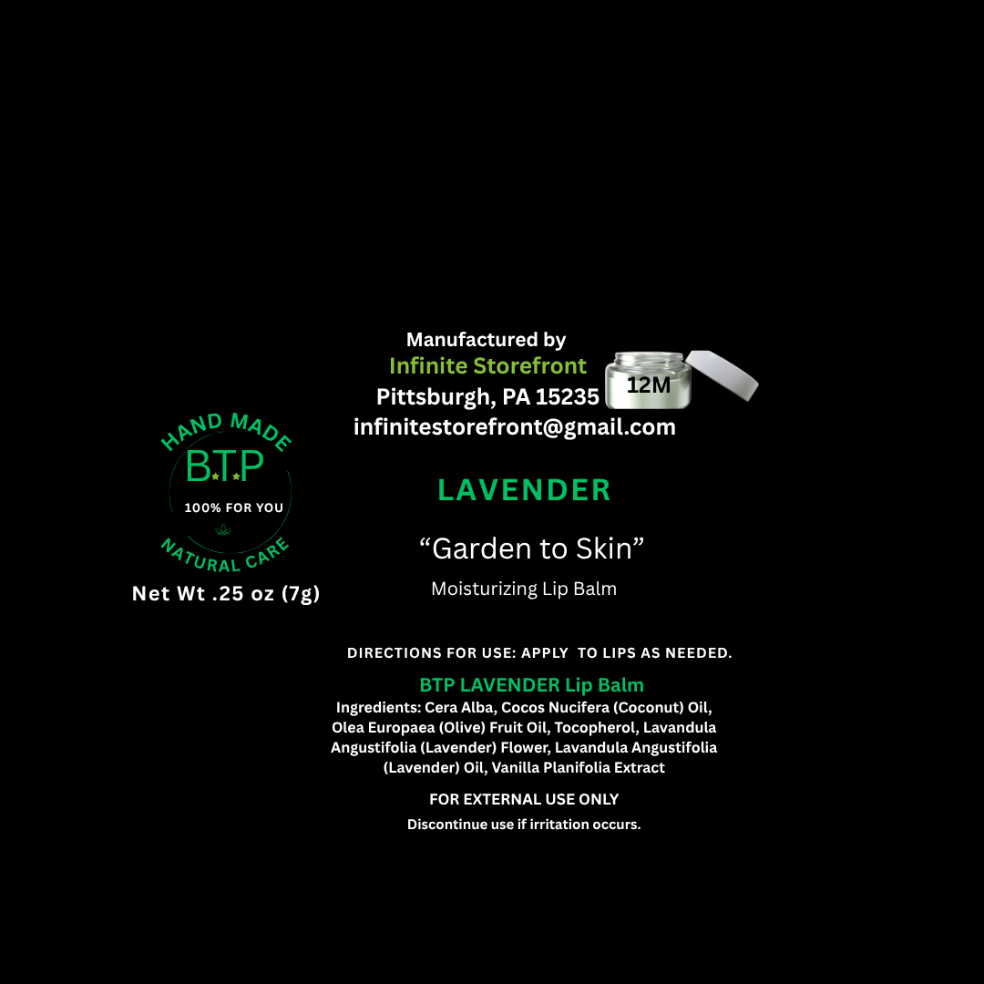 Lavender lip balm packaging with branding and contact information on a black background