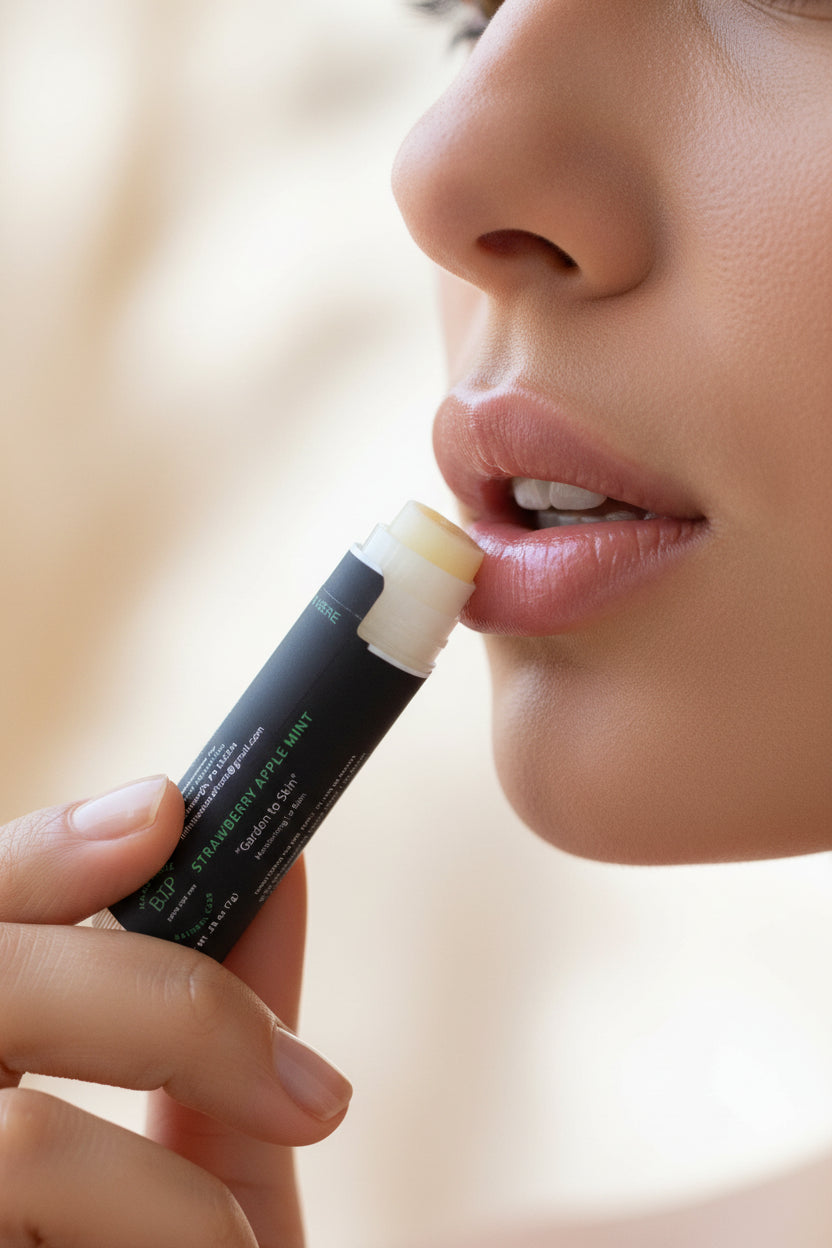 Strawberry Apple Mint Lip Balm being applied to dry lips