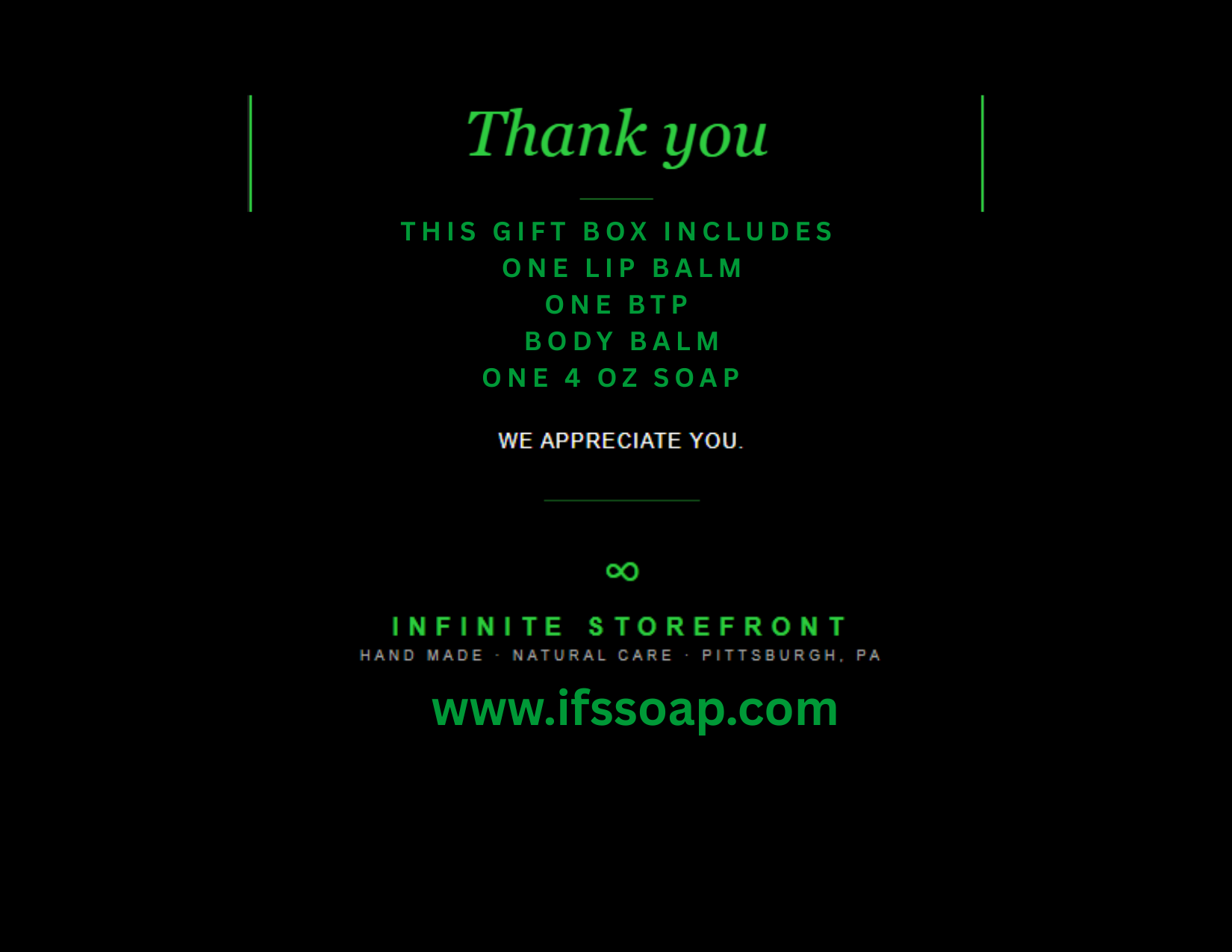 Black background with green text displaying product details and branding for Infinite Storefront.