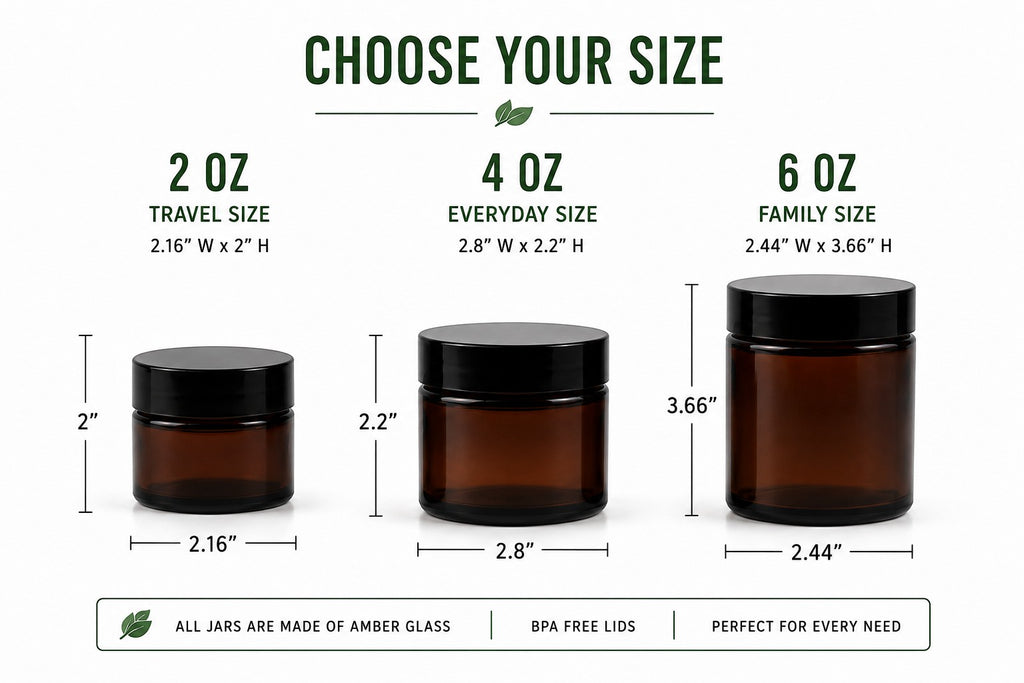 Infinite Storefront Btp body balm amber glass jars in 2 oz, 4 oz, and 6 oz sizes with dimensions and BPA free lids
