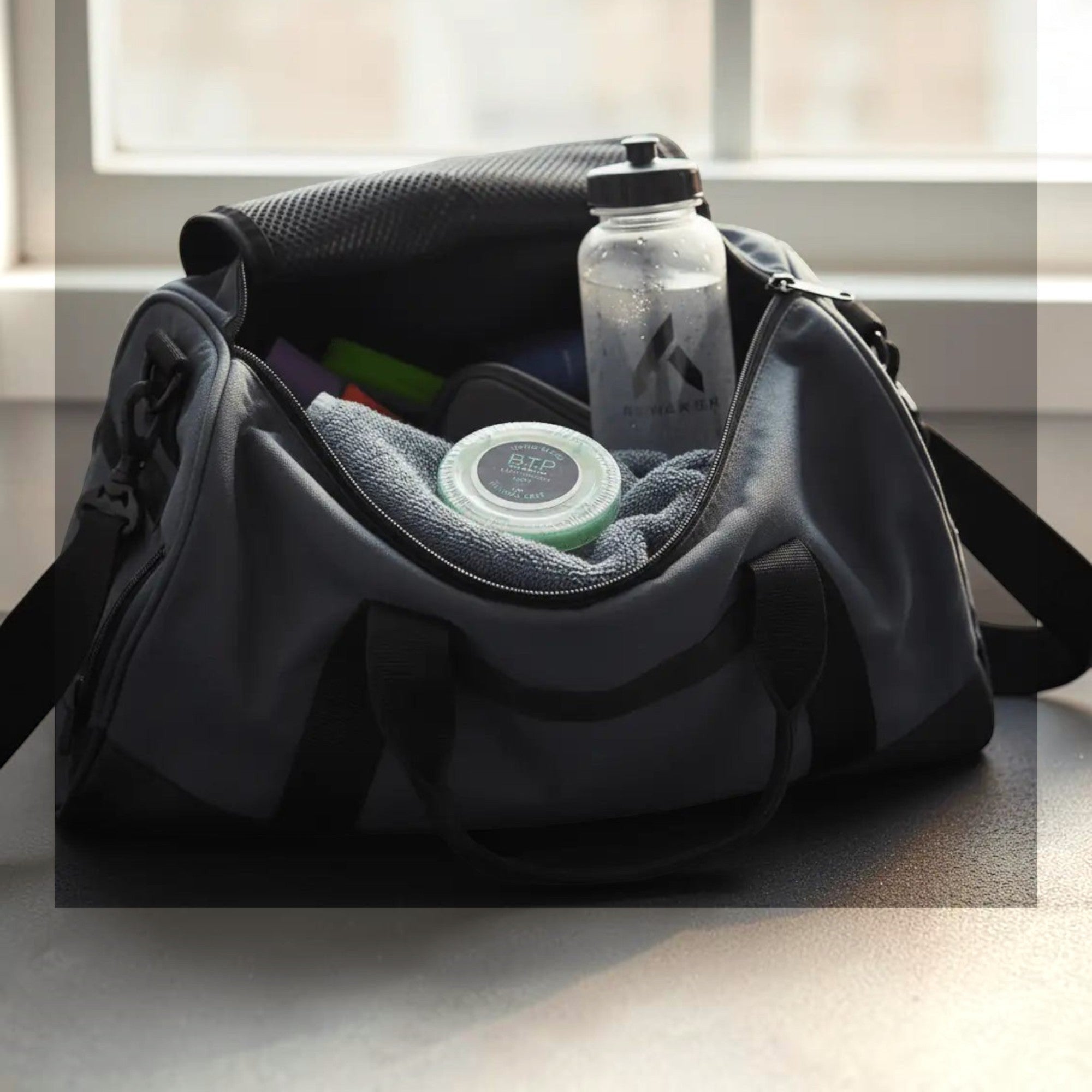 Infinite Storefront B.T.P handmade moisturizing body balm in a 2 oz jar inside a grey gym bag with a water bottle.