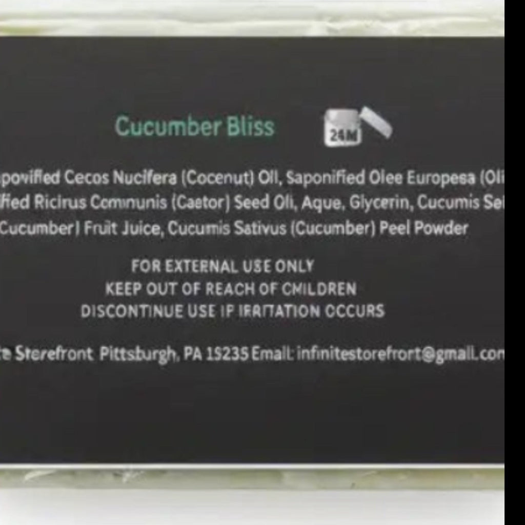 Infinite Storefront Cucumber Bliss handmade body soap bar with fresh cucumber slices and leaves, highlighting plant-based ingredients and small batch craftsmanship.