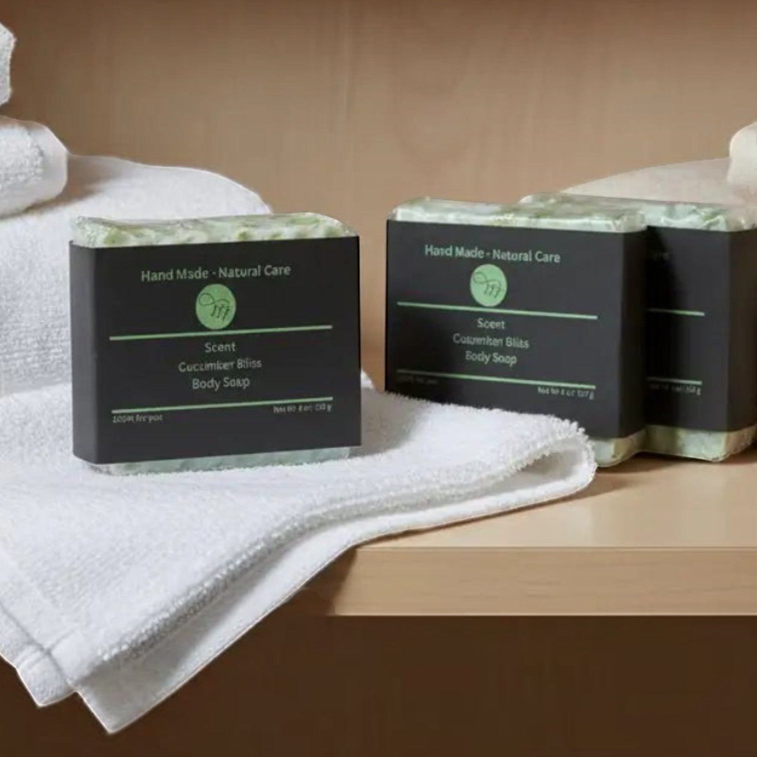 Multiple Cucumber Bliss handmade soap bars displayed with folded towels, showcasing small batch craftsmanship.