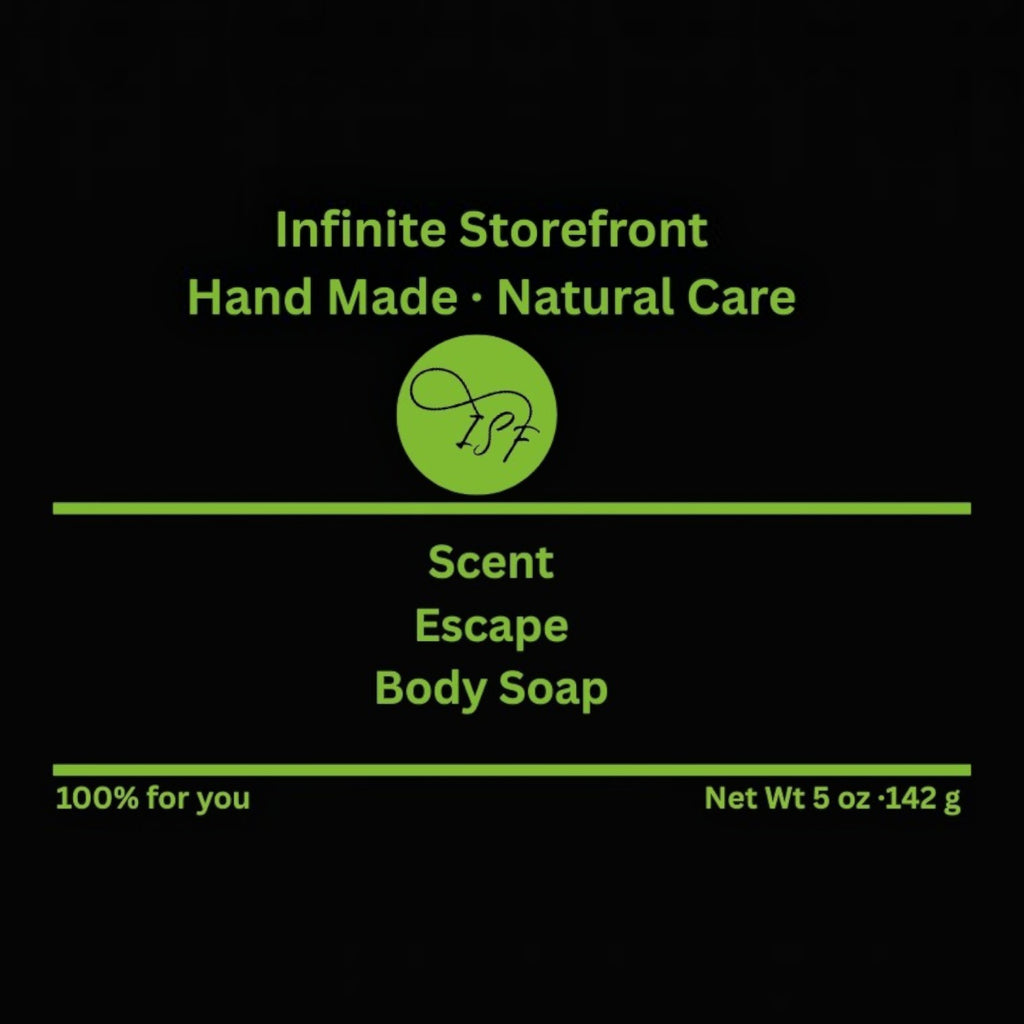 Infinite Storefront Escape handmade natural body soap packaging with green text on a black background
