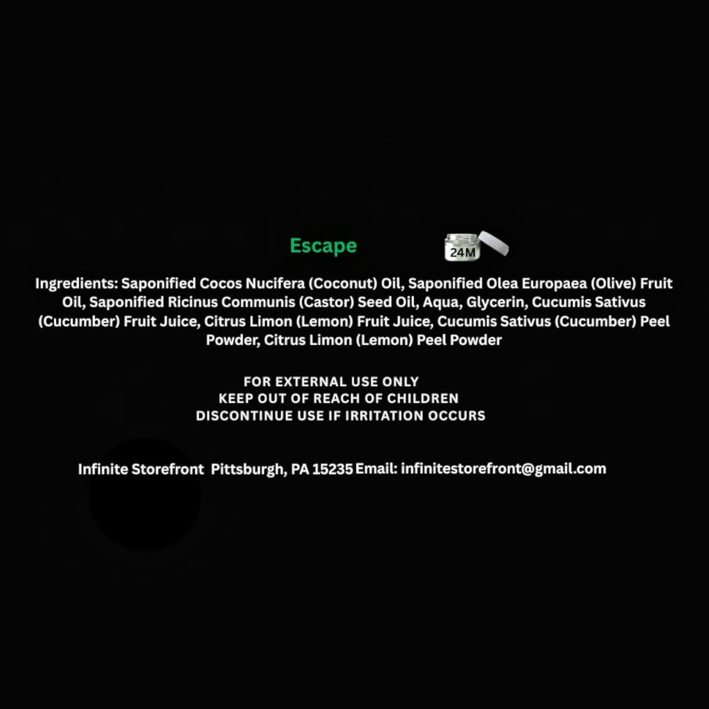 Infinite Storefront Escape natural handmade body soap ingredient label and product details on black background