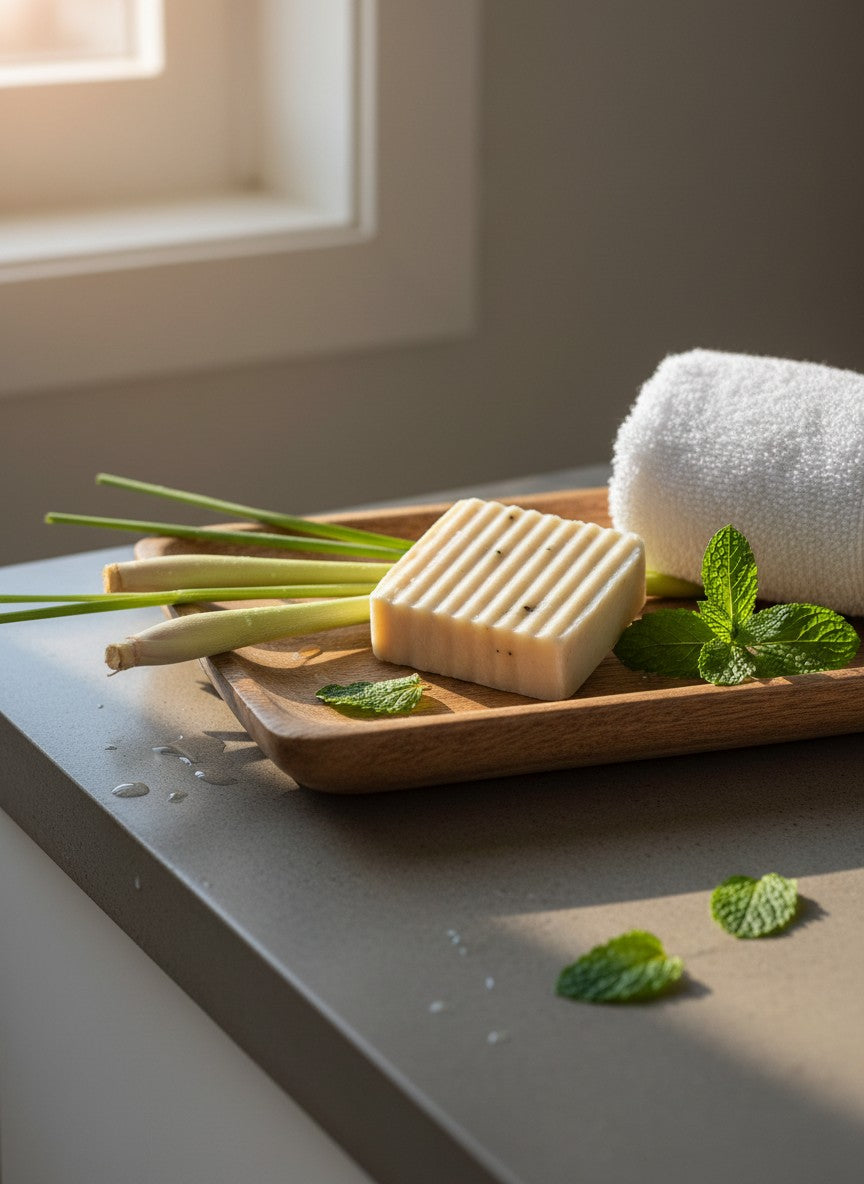 Infinite Storefront handmade lemongrass and peppermint soap bar on a wooden tray with fresh herbs and a white towel.