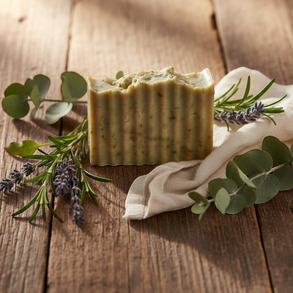 Infinite Storefront handmade natural body soap with textured edges, cucumber and lemon, on a rustic wooden surface.