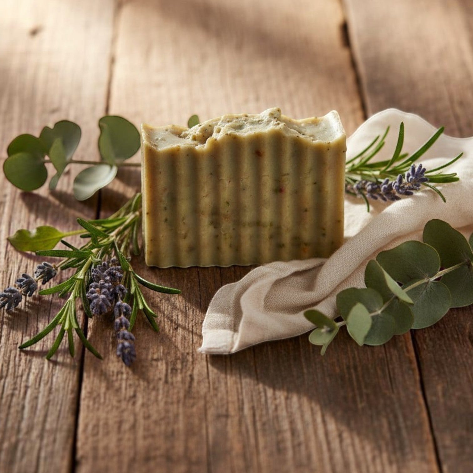 Infinite Storefront handmade natural body soap with textured edges, cucumber and lemon, on a rustic wooden surface.
