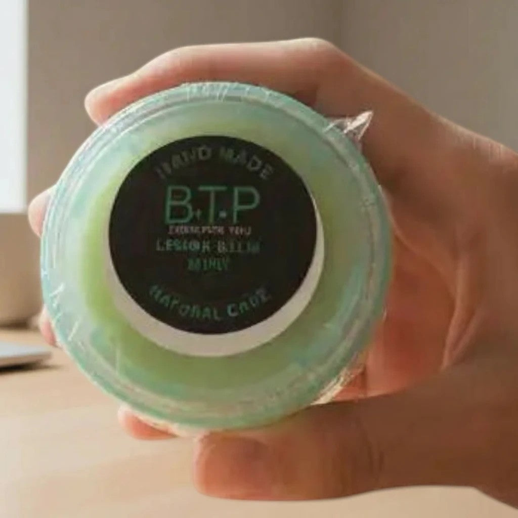 Infinite Storefront Btp Lemon Balm Mint body balm in a clear round container held in a hand