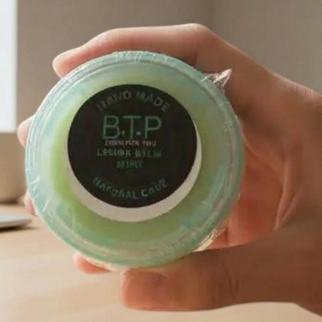 Infinite Storefront Btp Lemon Balm Mint body balm in a clear jar held in a hand, featuring a green herbal salve.