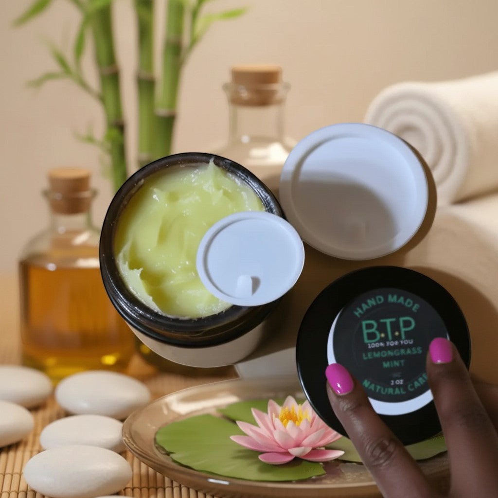Infinite Storefront B.T.P handmade lemongrass and mint moisturizing body balm in a 2 oz jar with a spa-like setting.