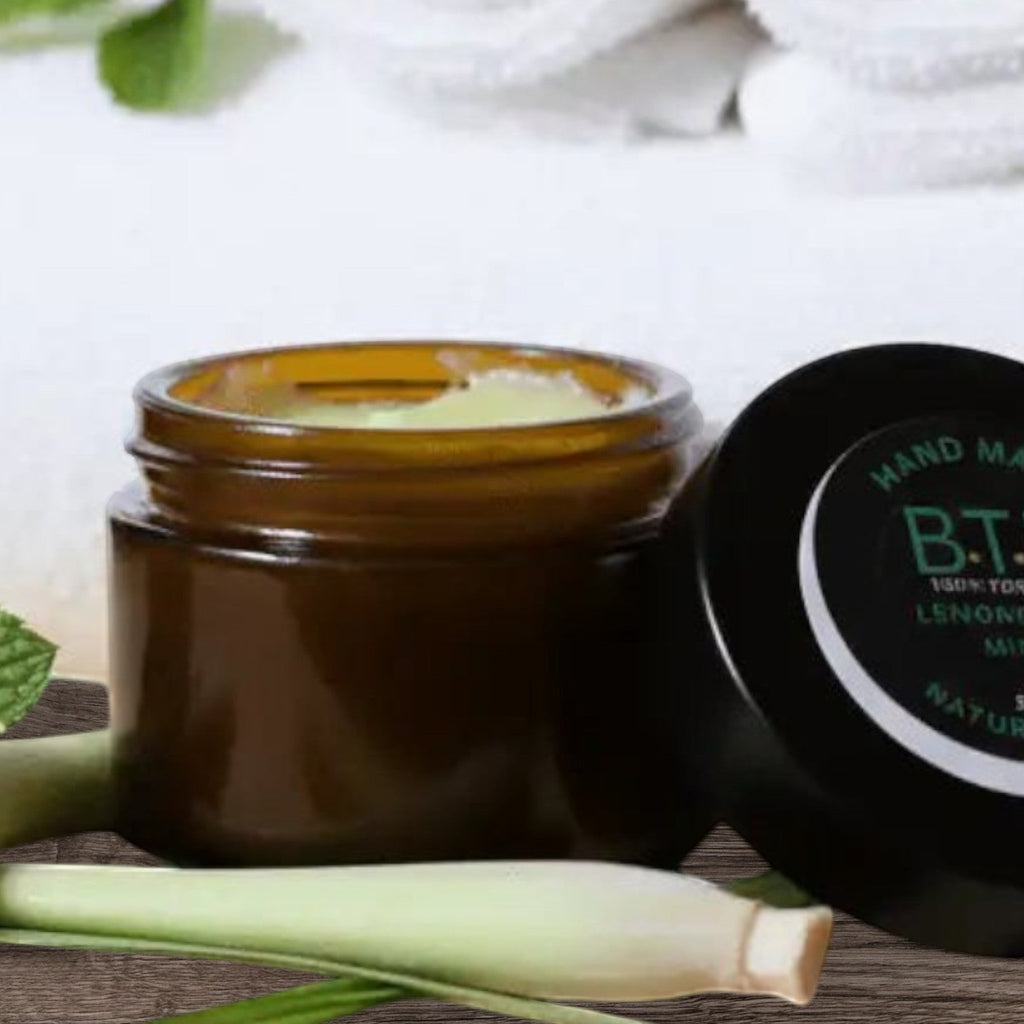 Infinite Storefront B.T.P handmade lemongrass and mint moisturizing body balm in an amber glass jar