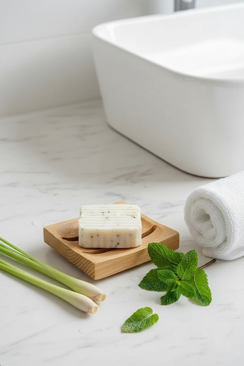 Infinite Storefront handmade lemongrass and peppermint soap bar on a wooden dish with fresh herbs and a white towel.