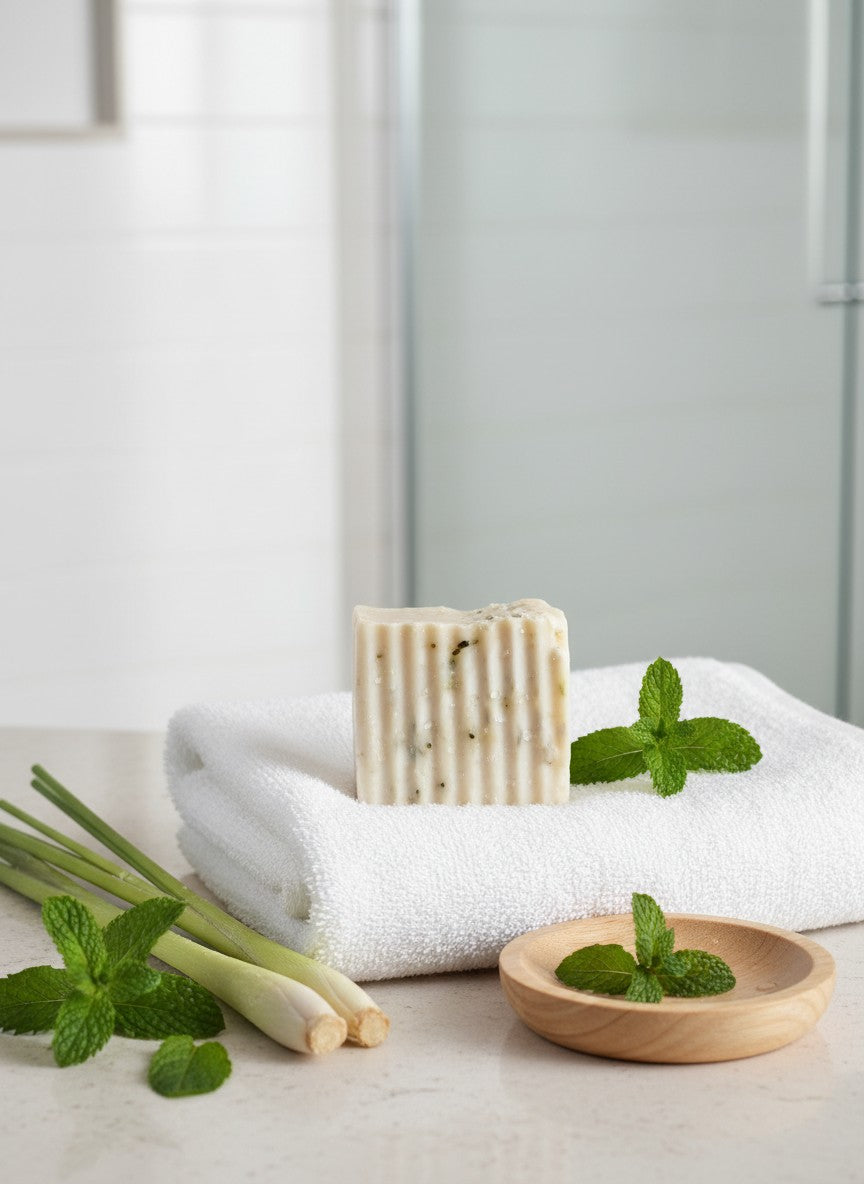 Infinite Storefront handmade lemongrass and peppermint soap bar on a white towel with fresh herbs