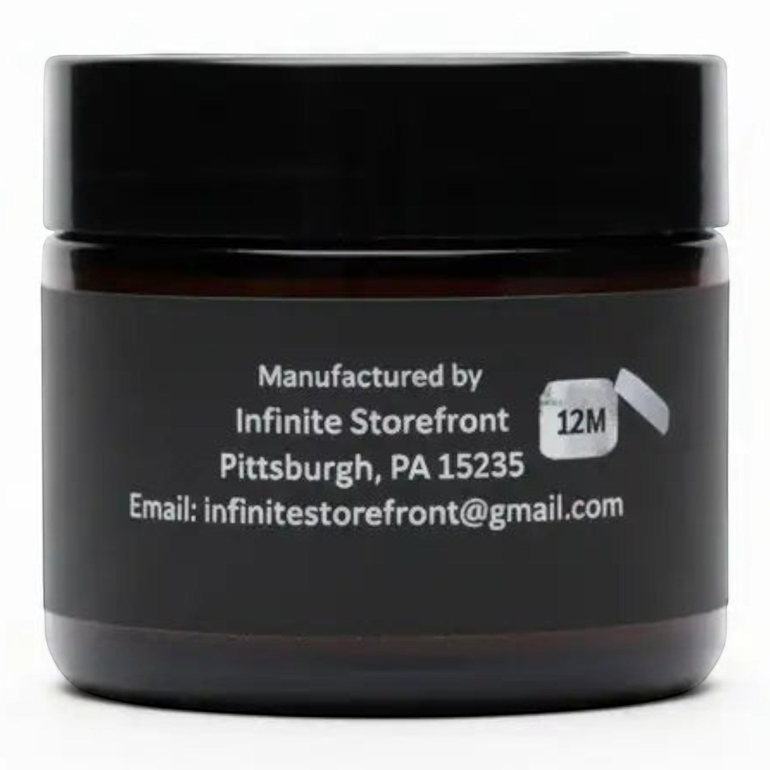 Infinite Storefront Btp handmade natural moisturizing body balm in a 2 oz amber glass jar with black lid