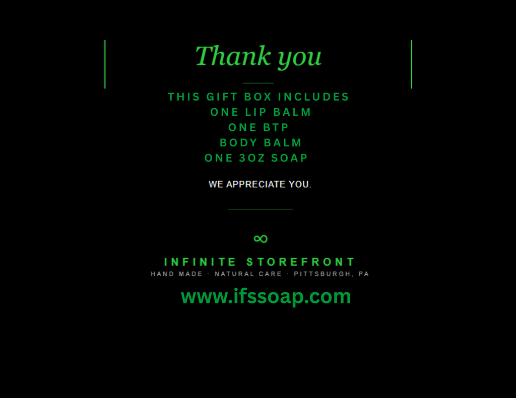 Black background with green text displaying product details and branding for Infinite Storefront.